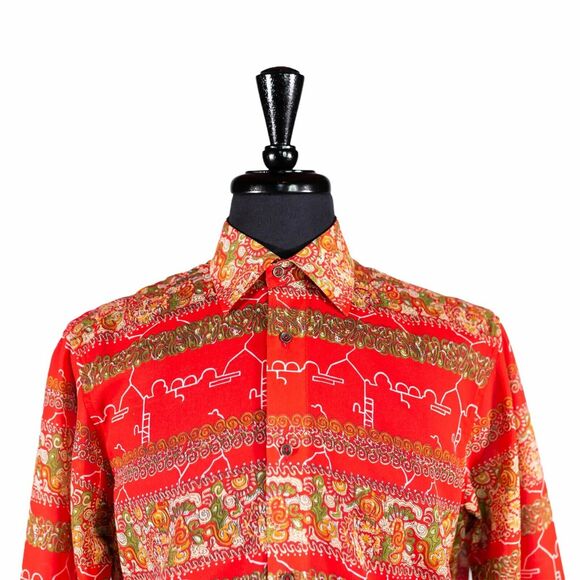 Mens Silky Shirt Button Up Red Abstract Graphic Summer Hawaiian Beach Medium - Picture 3 of 7
